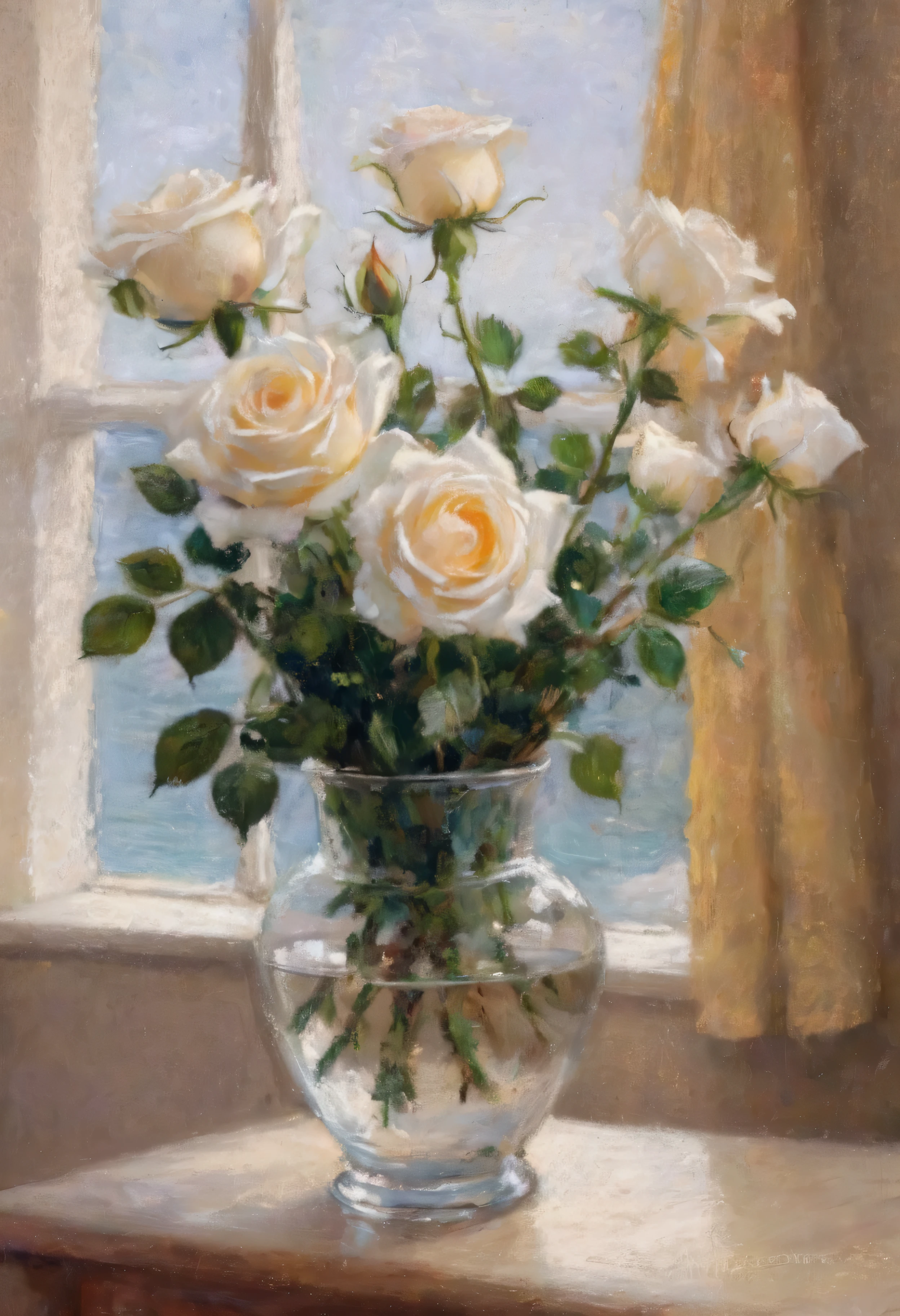 [Meilleure qualité,ultra-détaillé],(cher,Exquis:1.1),(Réaliste,photoRéaliste:1.37),belles roses blanches détaillées près de la fenêtre, vase en cristal taillé,éclairage doux,ombres douces,couleurs vives,pétales délicats,Détails fins,reflets subtils,Contraste élevé,verre chatoyant,bords nets,Composition artistique,éclairage de studio,magnifique pièce maîtresse,Ambiance romantique