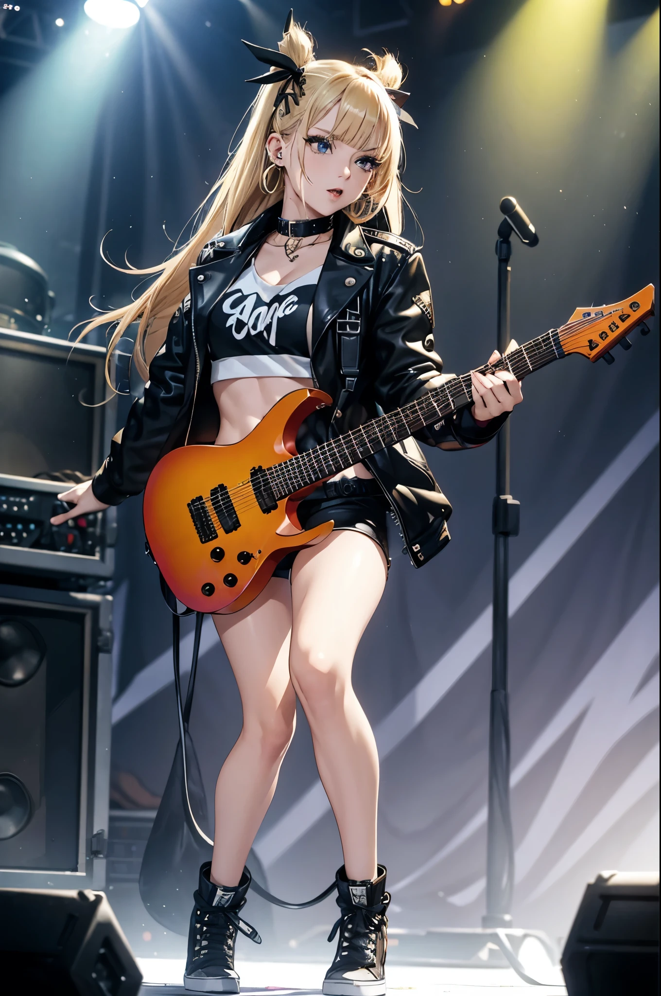 realistic:1.2, Rocker girl wearing a leather jacket,slim body shape、Normal bust size、 highly realistic photograph,  full body shot, １two electric guitars, clothes with spikes,white tank top、Navel exposed、low rise leather shorts,tattoo,earrings dark lipstick, blue eyes,blonde twintail hair,black ribbon, beautiful and perfect legs, confident look, punk style ,dynamic pose, dynamic lighting, brightly colored stage,colorful stage lights, ant alexa 65, 50MM lens