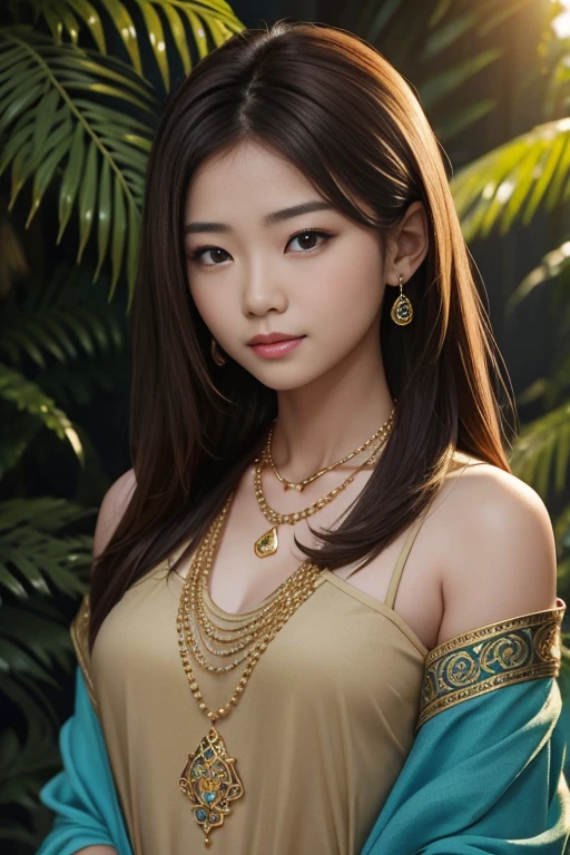 20 year old Asian  female with shoulder-lenght brown hair, wearning gold necklace with blue gemstones against background, sunny