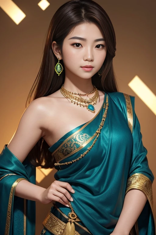 20 year old Asian  female with shoulder-lenght brown hair, wearning gold necklace with blue gemstones against background, sunny