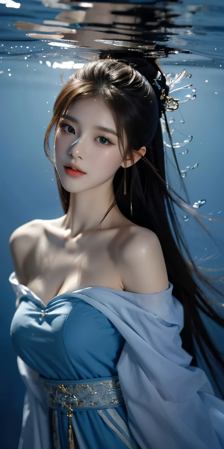 gufeng,bare shoulders,best quality，masterpiece，ultra high resolution，clear face,（Realism：1.4），RAW photos，cold light，Woman underwater，Full body image，wallpaper anime blue water，Gurwitz-style artwork，Close-up fantasy of water magic，author：Yang Jie，Gurwitz，A beautiful artistic illustration，Water Nymphs，Beautiful digital artwork，Beautiful digital illustration，Li Song，A beautiful anime portrait，Bovo&#39;s art style