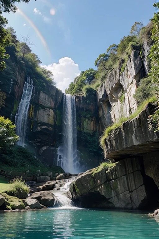 a large waterfall cascading downa rocky cliff into a serene pool surrouned by lush greenery and steep rock face, with a rainbow arching over the landscape