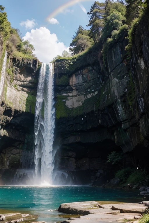 a large waterfall cascading downa rocky cliff into a serene pool surrouned by lush greenery and steep rock face, with a rainbow arching over the landscape