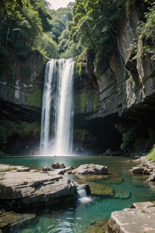 a large waterfall cascading downa rocky cliff into a serene pool surrouned by lush greenery and steep rock face, with a rainbow arching over the landscape