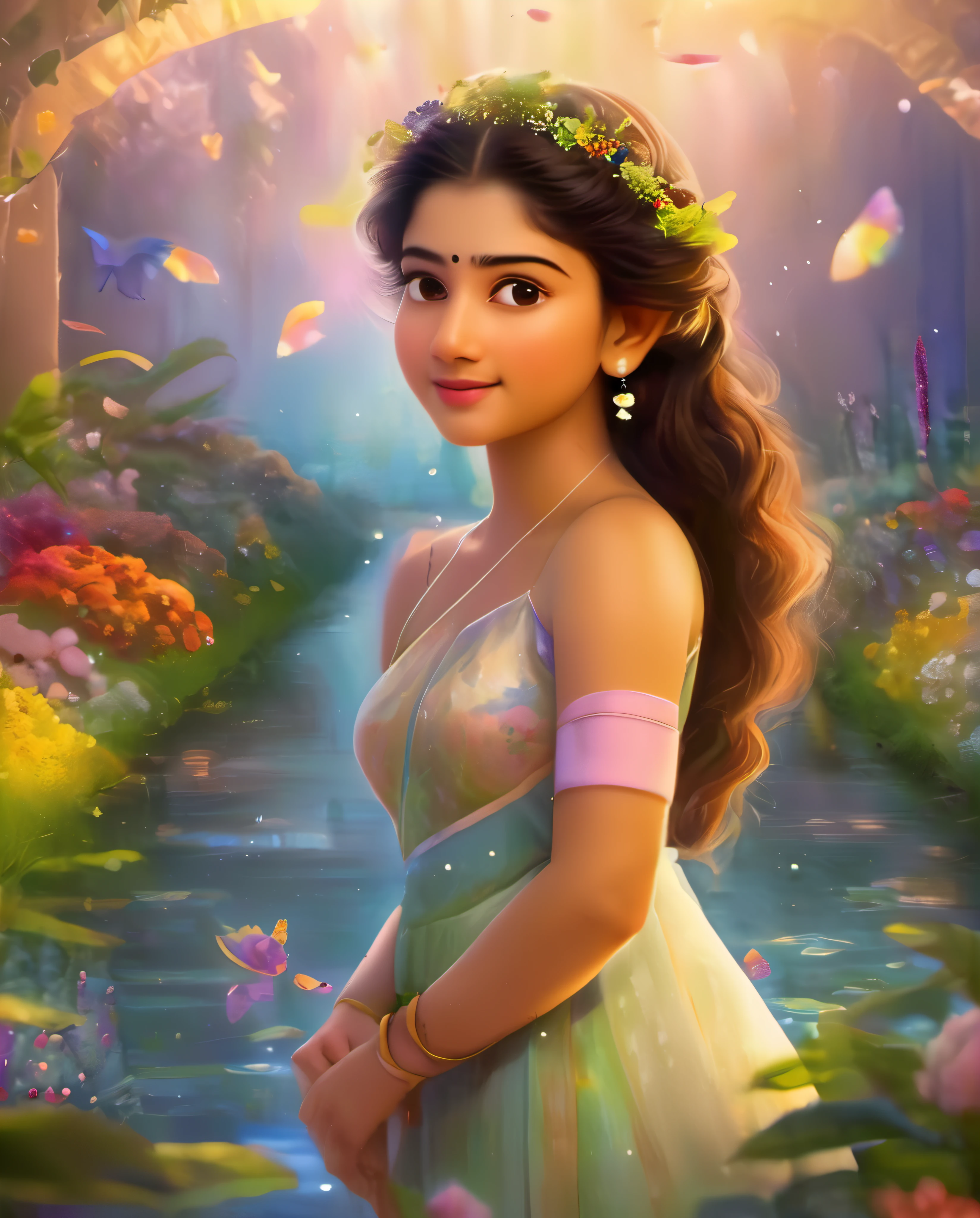 Looks like Sai Pallavi, 1girl, solo, full body, (masterpiece:1.21), (best quality:1.2), colorful, (illustration:1.2), (cinematic lighting:1.1), (bare shoulders:1.21), (collarbone:1.21)
In this whimsical and fantastical garden, the scene is illuminated by a rainbow of (colorful fireflies), dancing and fluttering in the air. The garden is decorated by a gentle (drizzle), creating a misty and ethereal atmosphere. In the center of the scene, there is a single girl, an extremely delicate and beautiful girl, with cute features and an innocent expression. Her long hair is flowing with the wind. She is wearing no shoulder straps dress, which is ultra low cut, highlighting her delicate curves.

The lighting is very delicate and beautiful, creating a soft and warm glow that highlights the water, making it sparkle like diamonds. The finest grass is also illuminated, creating a lush and verdant carpet. The garden is surrounded by colorful flower fields, with blooms of every color and shape. (Colorful butterflies), of every shade and size, can be seen fluttering around the scene, adding to the overall sense of wonder and magic. (look ai viewer),A blush can be seen on her nose, and her mouth is slightly open, adding to the overall sense of innocence and youthfulness. Falling petals can be seen floating around her, adding to the overall sense of romance and beauty. A gentle wind is blowing through the scene, making the leaves rustle and the flowers sway, adding to the overall sense of movement and life. This is a scene of pure wonder and magic, filled with color and beauty, where the viewer can lose themselves in the enchanting and captivating world.