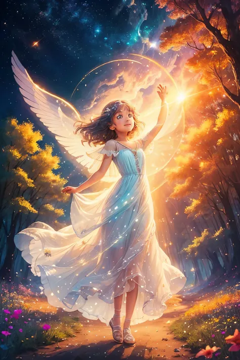 Picture a young girl with delicate wings, shimmering like gossamer, spread wide behind her. Her  frame is adorned in a flowy, di...