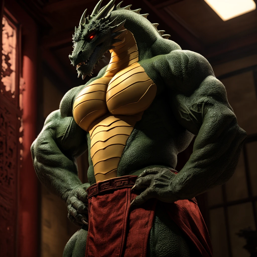 Shendu, mâle, seulement, Couleur du corps vert foncé, debout, À l&#39;intérieur du fond du bâtiment chinois, musclé, muscle: 3, Pectoral muscle: 2, les griffes, Mains sur les hanches, yeux rouges brillants, pagne, dents de dragon, queue de dragon, anatomie correcte, (photoréaliste, ombres réalistes, profondeur de champ, hdr, Prise de vue à angle latéral faible), Ambiance papa, d&#39;âge moyen, beau visage, Vue de côté, regarder de face, gros pectoraux, abdos