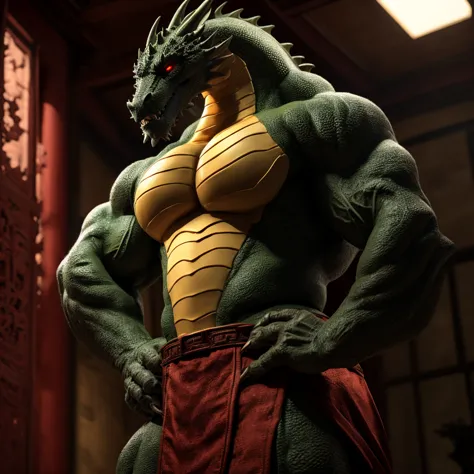 Shendu, Male, Solo, Dark Green Body Color, Standing, Inside Chinese Building Background, Muscular, Muscle: 3, Pectoral Muscle: 2...
