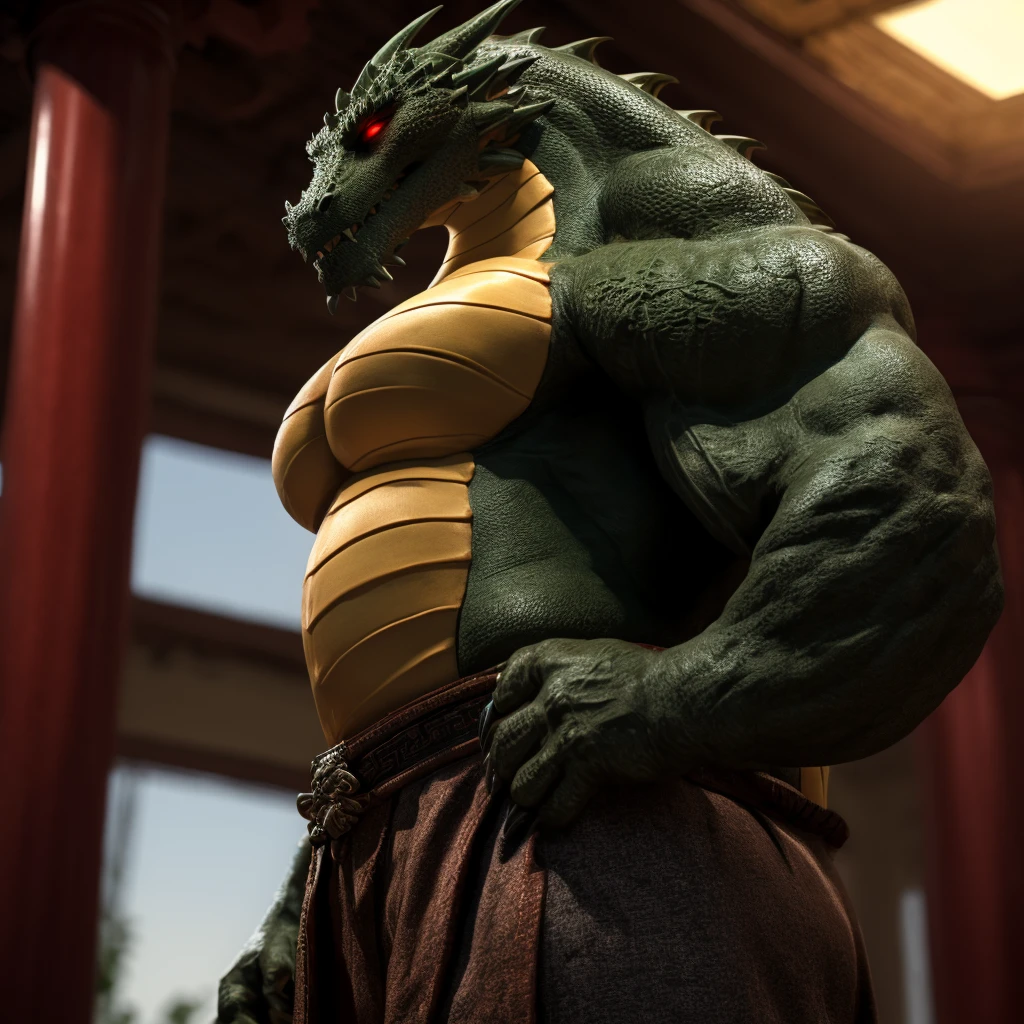 Shendu, Male, Solo, Dark Green Body Color, Standing, Inside Chinese Building Background, Muscular, Muscle: 3, Pectoral Muscle: 2, Claws, Hands on Hips, Red glow eyes, Loincloth, Dragon Teeth, Dragon Tail, Correct Anatomy, (Photorealistic, Realistic Shadows, Depth of Field, HDR, Low Side Angle Shot), Daddy Vibe, Middle-Aged, Handsome Face, Side View, Looking Front, Big Pecs, Abs