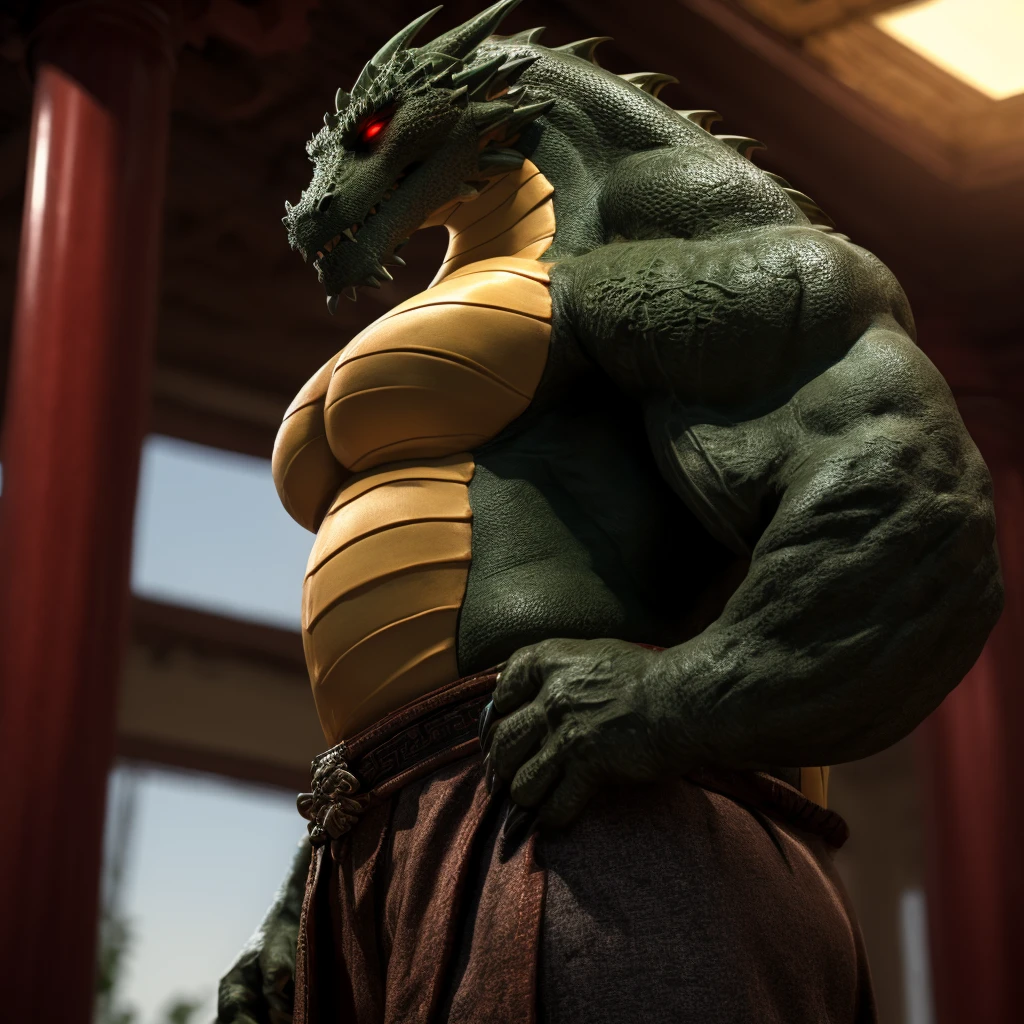 Shendu, mâle, seulement, Couleur du corps vert foncé, debout, À l&#39;intérieur du fond du bâtiment chinois, musclé, muscle: 3, Pectoral muscle: 2, les griffes, Mains sur les hanches, yeux rouges brillants, pagne, dents de dragon, queue de dragon, anatomie correcte, (photoréaliste, ombres réalistes, profondeur de champ, hdr, Prise de vue à angle latéral faible), Ambiance papa, d&#39;âge moyen, beau visage, Vue de côté, regarder de face, gros pectoraux, abdos