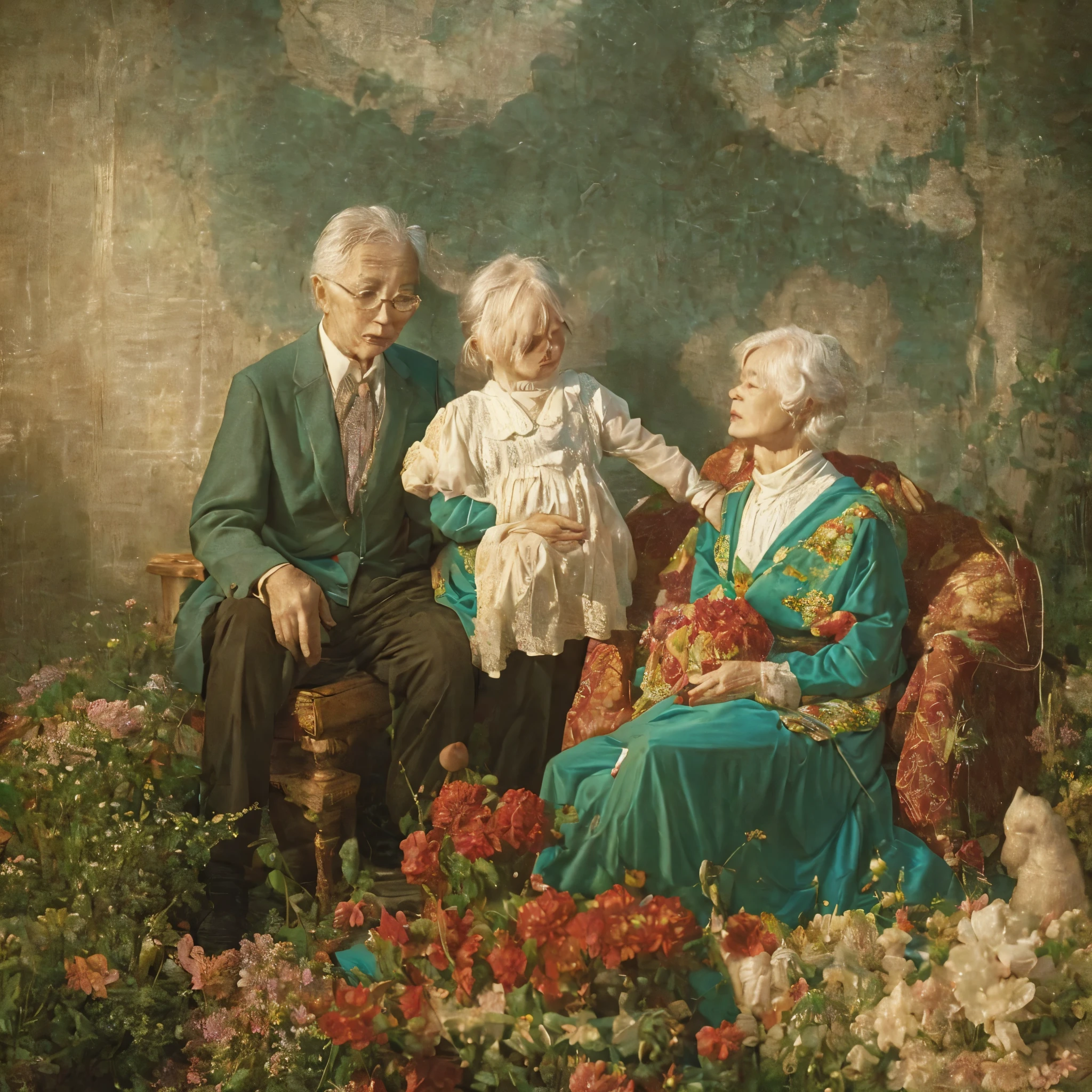 Masterpiece, elderly couple, perhaps in their late 40s or early 50s, is tenderly holding a kid dressed in professional office attire, suggesting a young employee. They are encircled by a myriad of mathematical and statistical equations floating around them, perhaps projected in the air or depicted as part of the environment. The equations represent the depth of knowledge and expertise that the elderly couple has accumulated over the years, and they are passing this legacy on to the next generation, represented by the baby. Despite the complexity of the equations, there is a sense of warmth and nurturing in the scene, symbolizing the transfer of wisdom and the continuity of learning across generations.