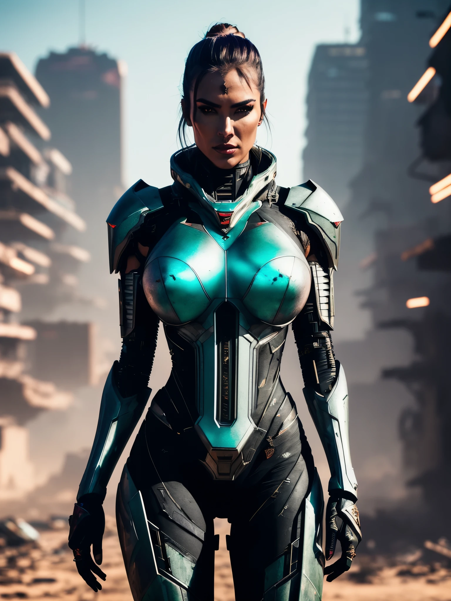 A woman in a futuristic suit standing in a city - SeaArt AI