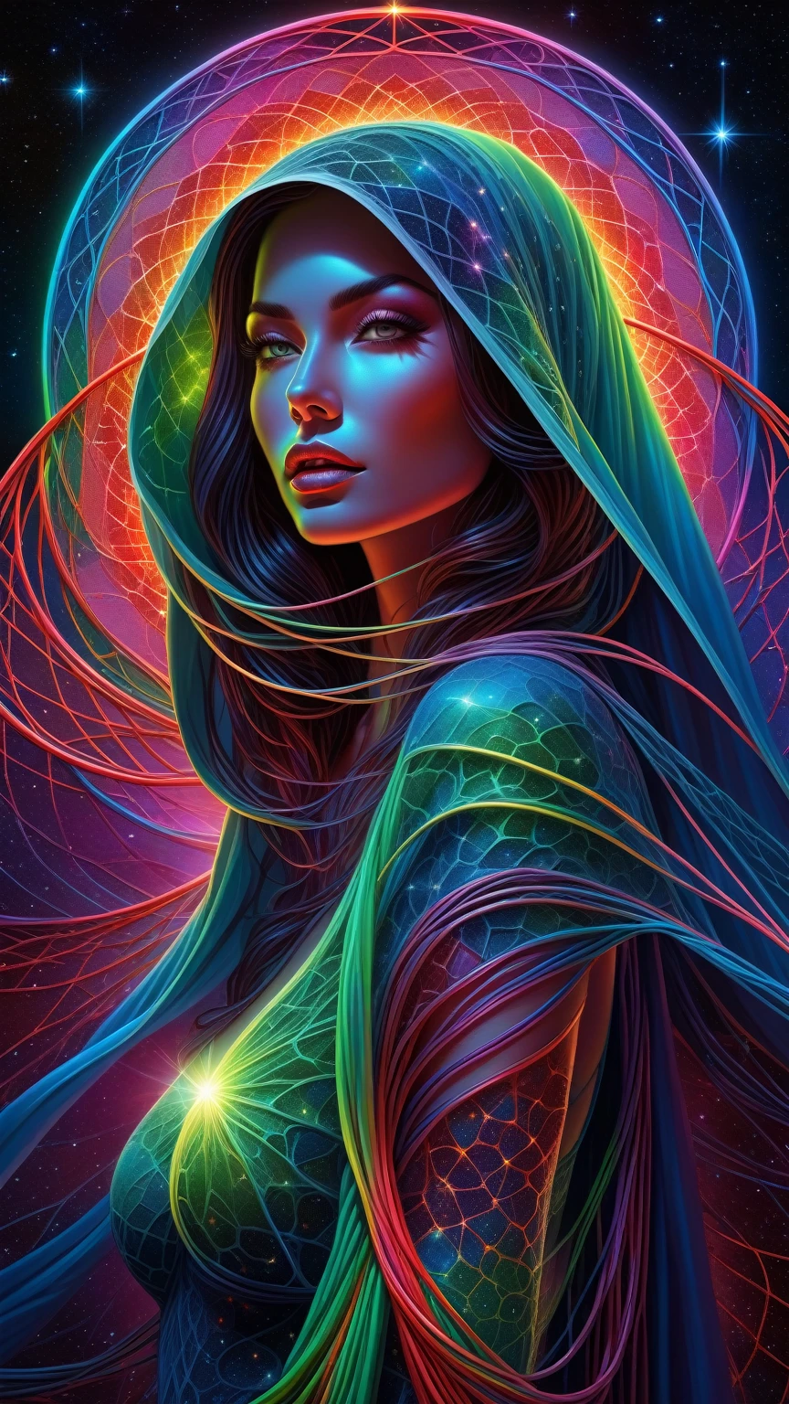 cartoon, masterpiece, best quality, ultra high res, extremely detailed, (psychedelic art:1.4), woman, veil, visually stunning, beautiful, award-winning illustration, cosmic space background, ethereal atmosphere, ultra quality, beautiful girl, cosmical concept, rainbow strings, rainbow skin, rainbow bloody veins growing and intertwining out of the darkness, nailed wire, oozing thick blue blood, sharp neon, veins growing and pumping blood, vascular networks growing, green veins everywhere, yin and yang, glowing space, glowing stars, infinity symbol