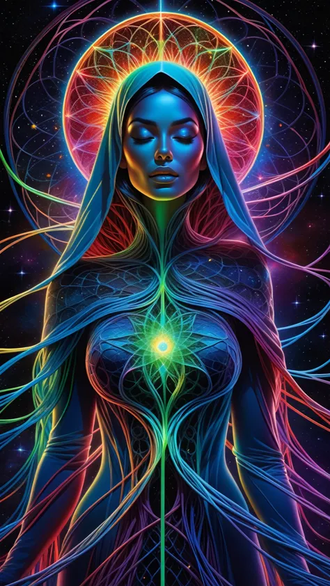 cartoon, masterpiece, best quality, ultra high res, extremely detailed, (psychedelic art:1.4), woman, veil, visually stunning, b...