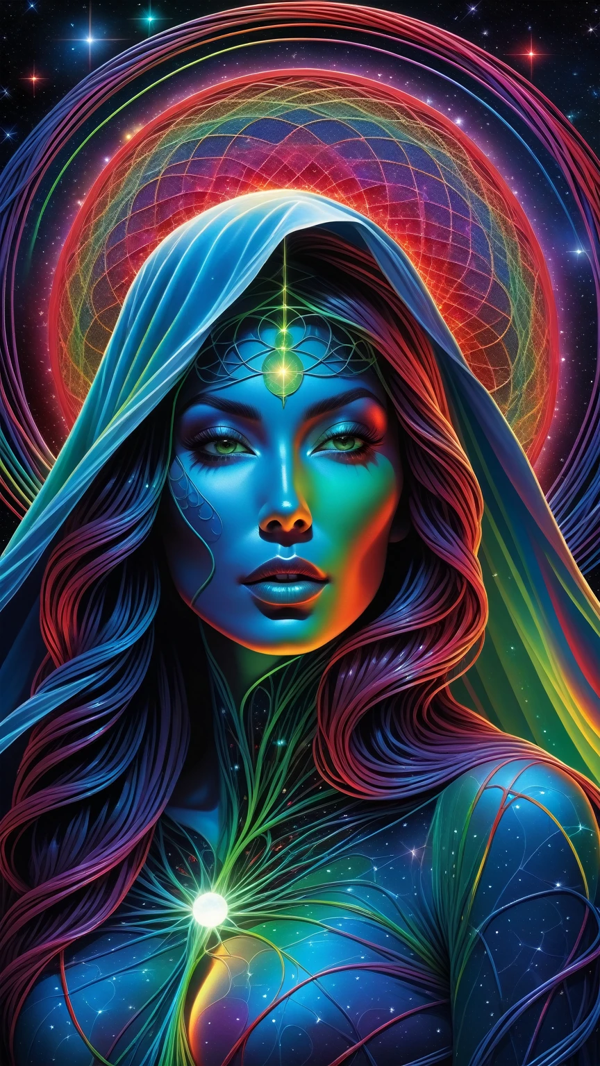 cartoon, masterpiece, best quality, ultra high res, extremely detailed, (psychedelic art:1.4), woman, veil, visually stunning, beautiful, award-winning illustration, cosmic space background, ethereal atmosphere, ultra quality, beautiful girl, cosmical concept, rainbow strings, rainbow skin, rainbow bloody veins growing and intertwining out of the darkness, nailed wire, oozing thick blue blood, sharp neon, veins growing and pumping blood, vascular networks growing, green veins everywhere, yin and yang, glowing space, glowing stars, infinity symbol