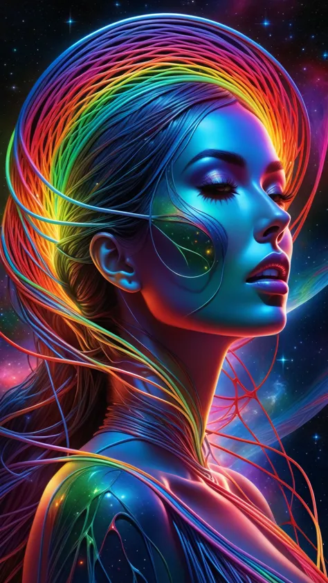 cartoon, masterpiece, best quality, ultra high res, extremely detailed, (psychedelic art:1.4), woman, veil, visually stunning, b...