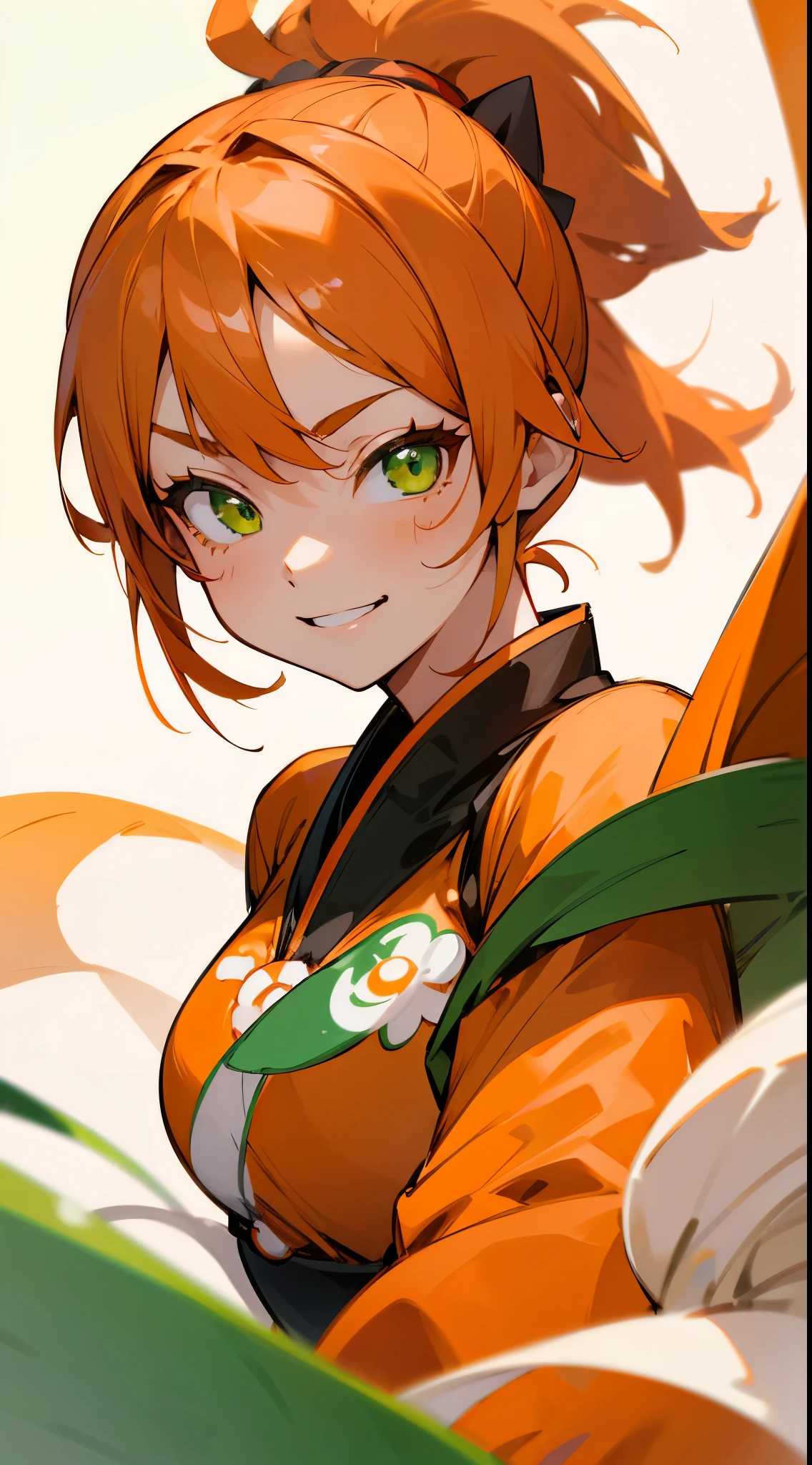 1 girl、anime painting、delicate drawing、orange clothes、orange hair、ponytail、beautiful green eyes、evil smile、strong pleasure on the face、shrimp mascot、upper body close-up