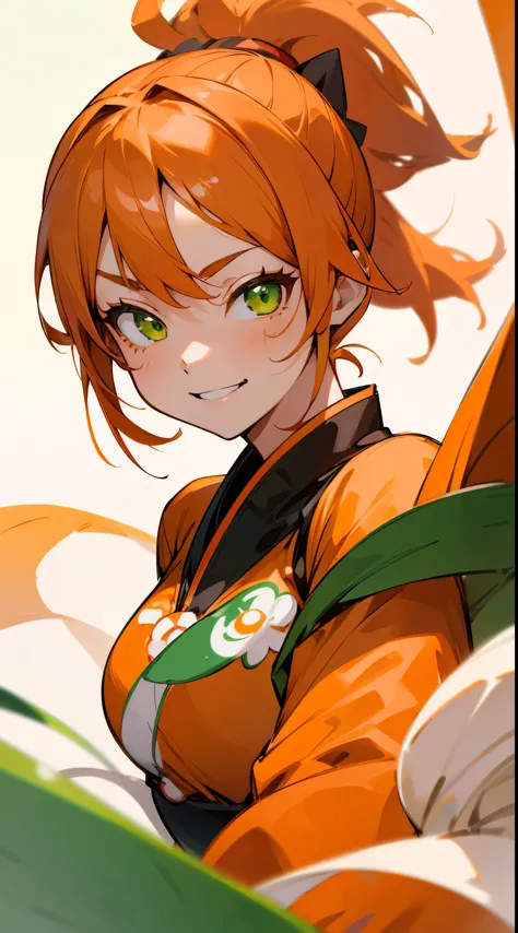 1 girl、anime painting、delicate drawing、orange clothes、orange hair、ponytail、beautiful green eyes、evil smile、strong pleasure on th...