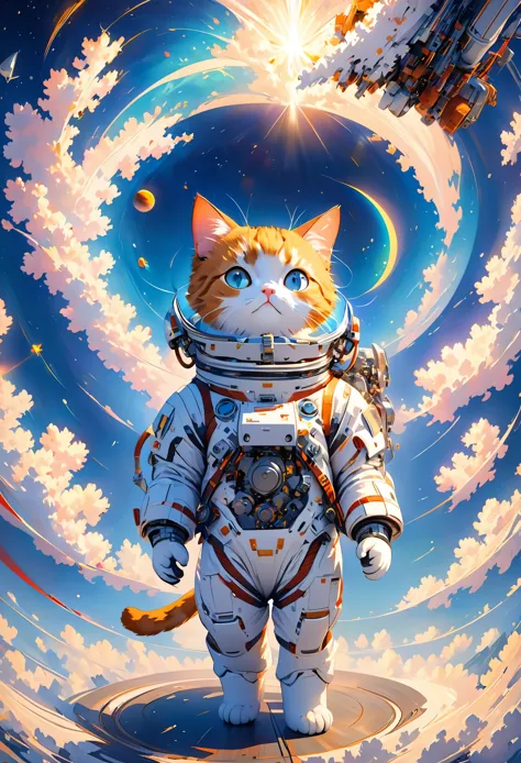 3d rendering,excellent image quality,masterpiece,a space cat,facing the audience,the cat is made up of mechanical parts on one s...