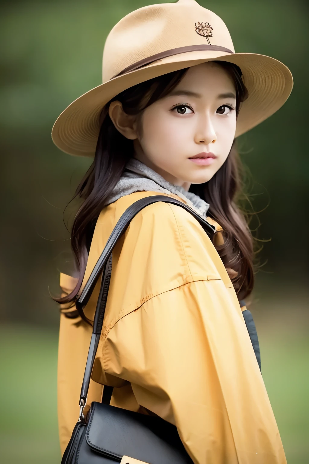 1girl, solo, looking at viewer, brown hair, long sleeves, hat, brown eyes, jacket, cowboy shot, outdoors, pants, bag, tree, cosplay, shoulder bag, realistic, yellow jacket, photo background