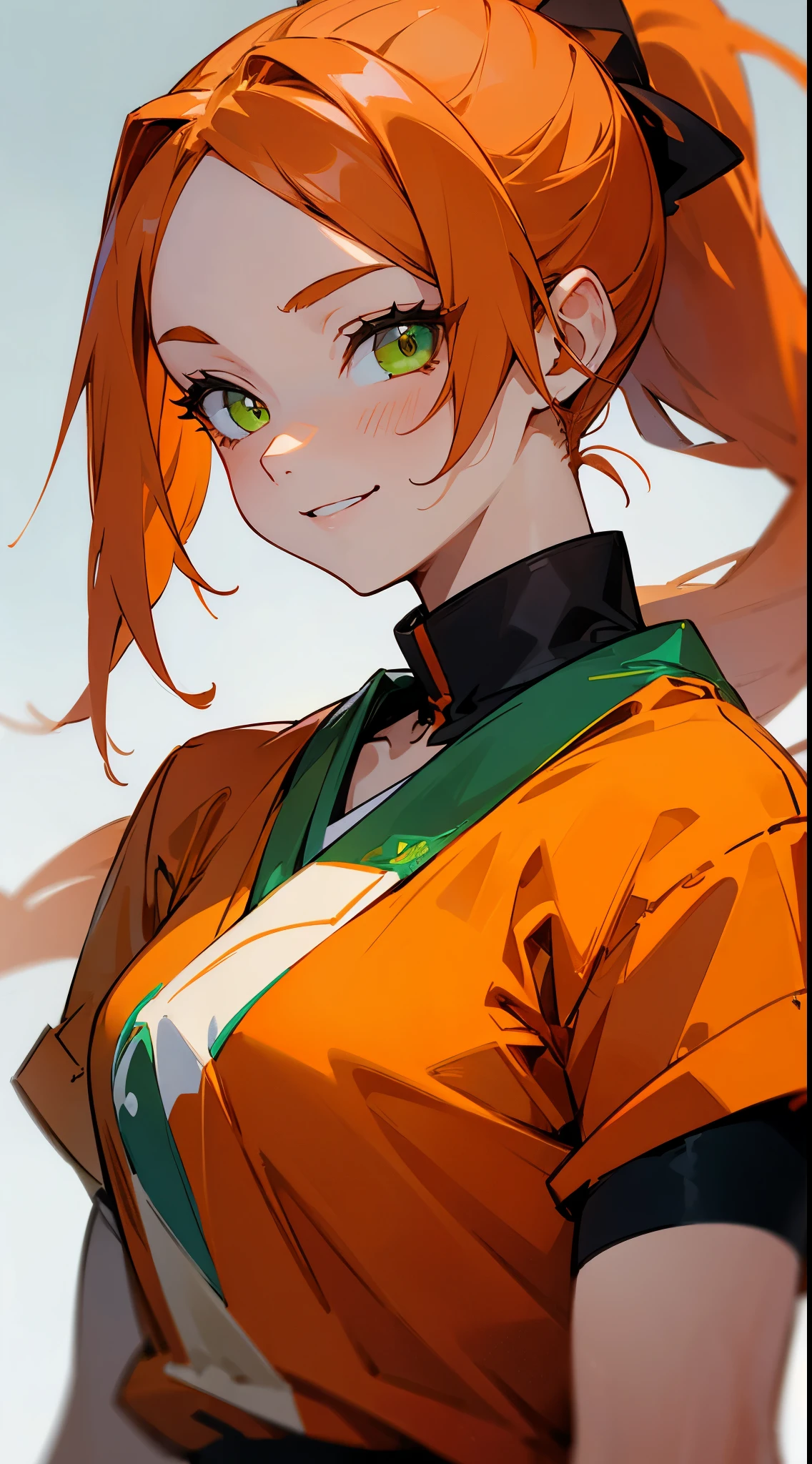 1 girl、anime painting、orange clothes、orange hair、ponytail、beautiful green eyes、evil smile、strong pleasure on the face、From the side、upper body close-up