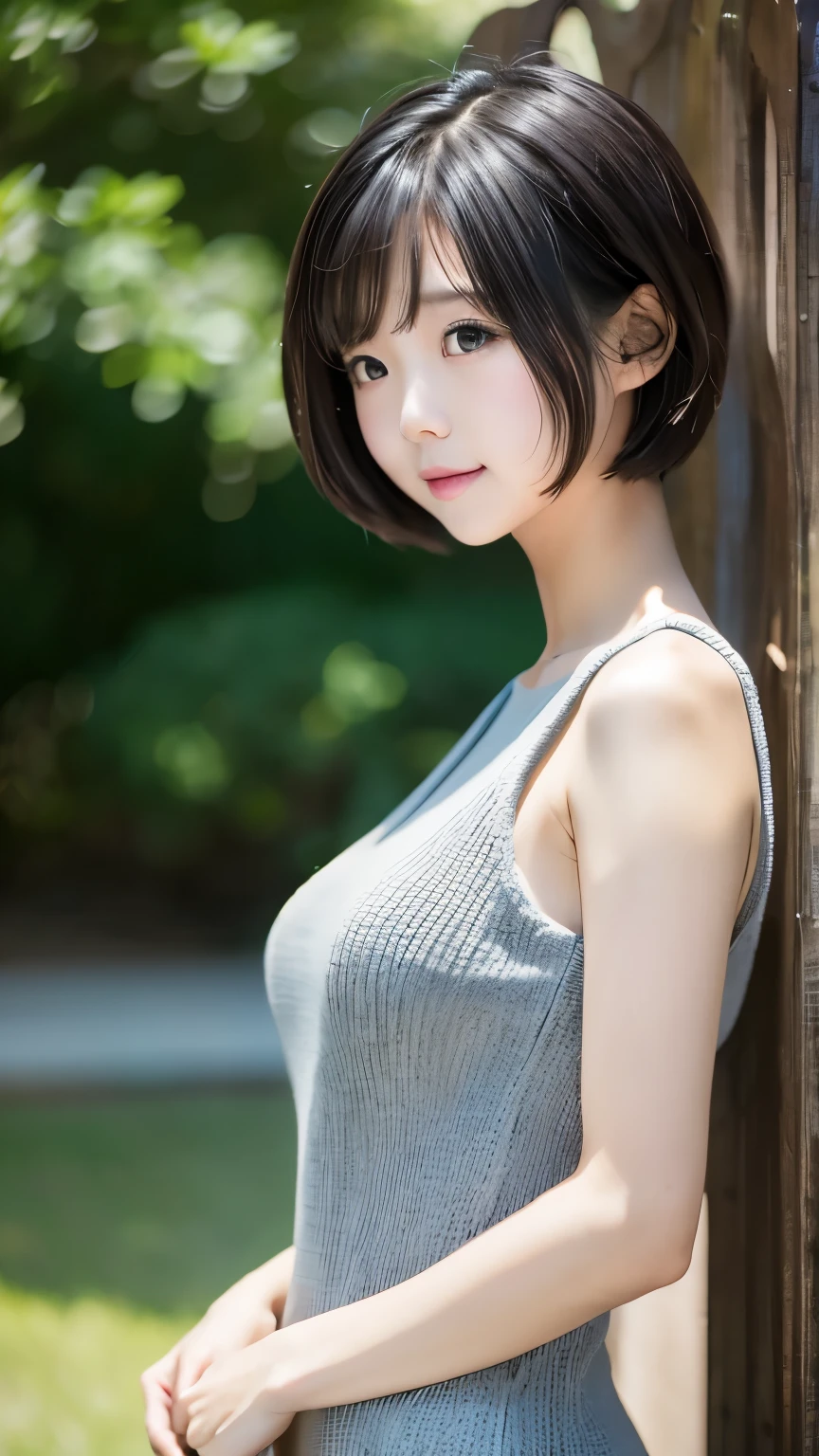 one girl、distinctive hairstyle、random hair color、(((cute smile:0.1)))、small eyes、plump lips、１６talent、knit dress、black tight dress、outdoor、midsummer sunshine、summer park、squirt、highest quality、ultra high resolution、Super detailed、master piece:1.5、８ｋ、Filmgren、perfect anatomy、cinematic lighting、50ｍｍPhotographed with a lens、professional photographer、