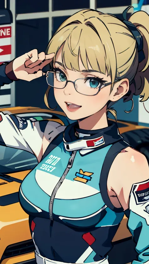 gorgeous anime woman, green eyes, long blonde hair, glases, ponytails, wearing stock car outfit, happy, v pose, in a stock car g...