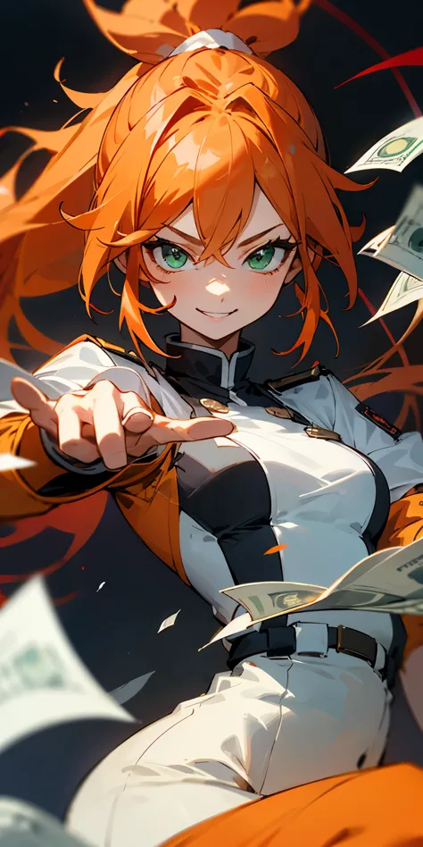 1 girl, orange clothes、orange hair、ponytail、beautiful green eyes、evil smile、strong pleasure on the face、white uniform with money...