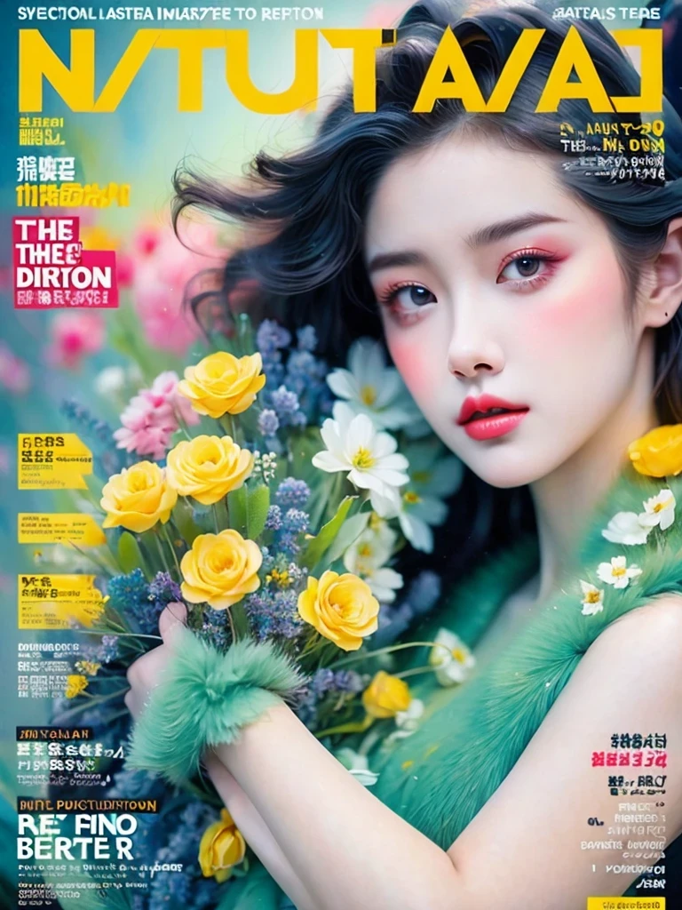 (magazine cover:1.3),ulzzang-6500, (actual: 1.3) (original: 1.2), masterpiece, best quality, beautiful clean face, whole body, 1 girl, glitch art, (digital distortion), Pixelated clipping, Data corruption,color noise, visual clutter,contemporary aesthetics