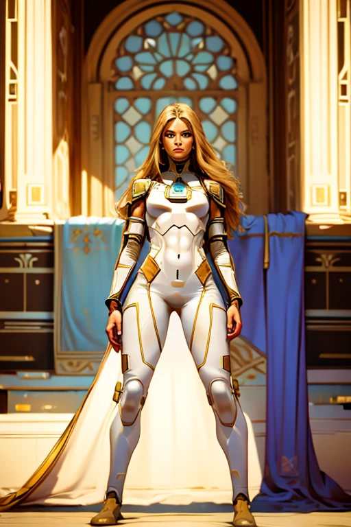 Best quality, 8k, pastel colors, woman,long hair, looking to observer,imperial soldier warrior,beige hi-tech armor over brown sheer nylon catsuit, static pose, white scenario