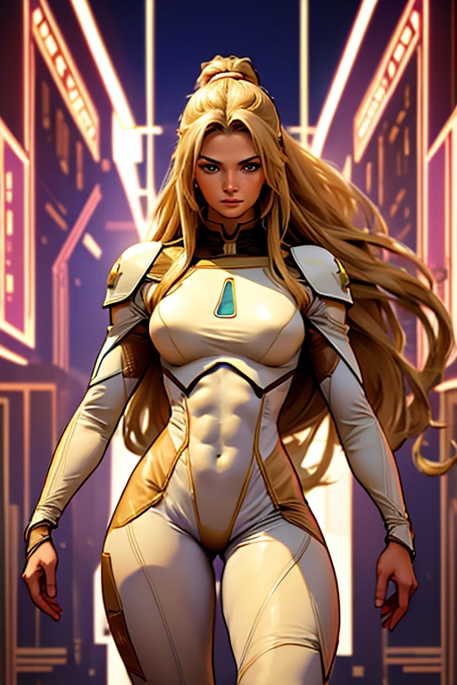 Best quality, 8k, pastel colors, woman,long hair, looking to observer,imperial soldier warrior,beige hi-tech armor over brown sheer nylon catsuit, static pose, white scenario