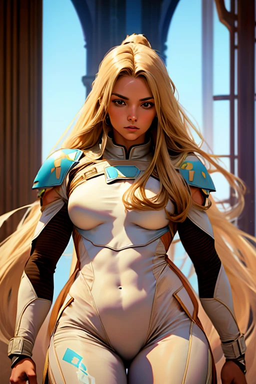 Best quality, 8k, pastel colors, woman,long hair, looking to observer,imperial soldier warrior,beige hi-tech armor over brown sheer nylon catsuit, static pose, white scenario