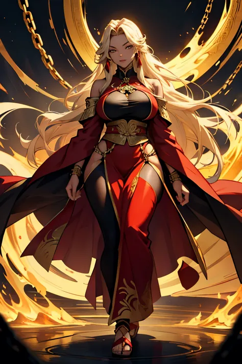 woman, 5 feet in height, very curvy, skin slightly golden, long hair is bright gold, eyes are dark gold, wears flowing red robes...