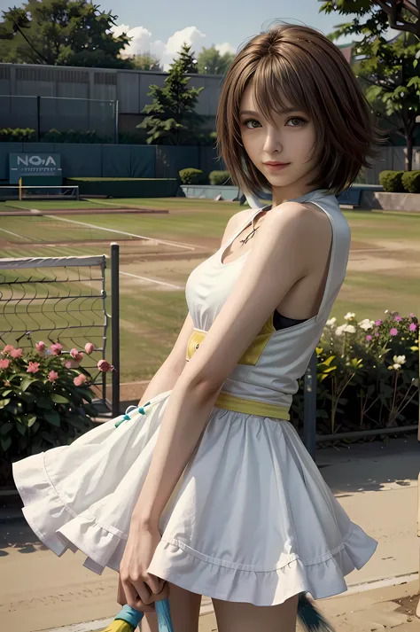 (masterpiece, best quality:1.3)
YunaFF10,  1girl, solo, looking at viewer, smile, short hair, blue eyes, sexy tennis outfit, ten...