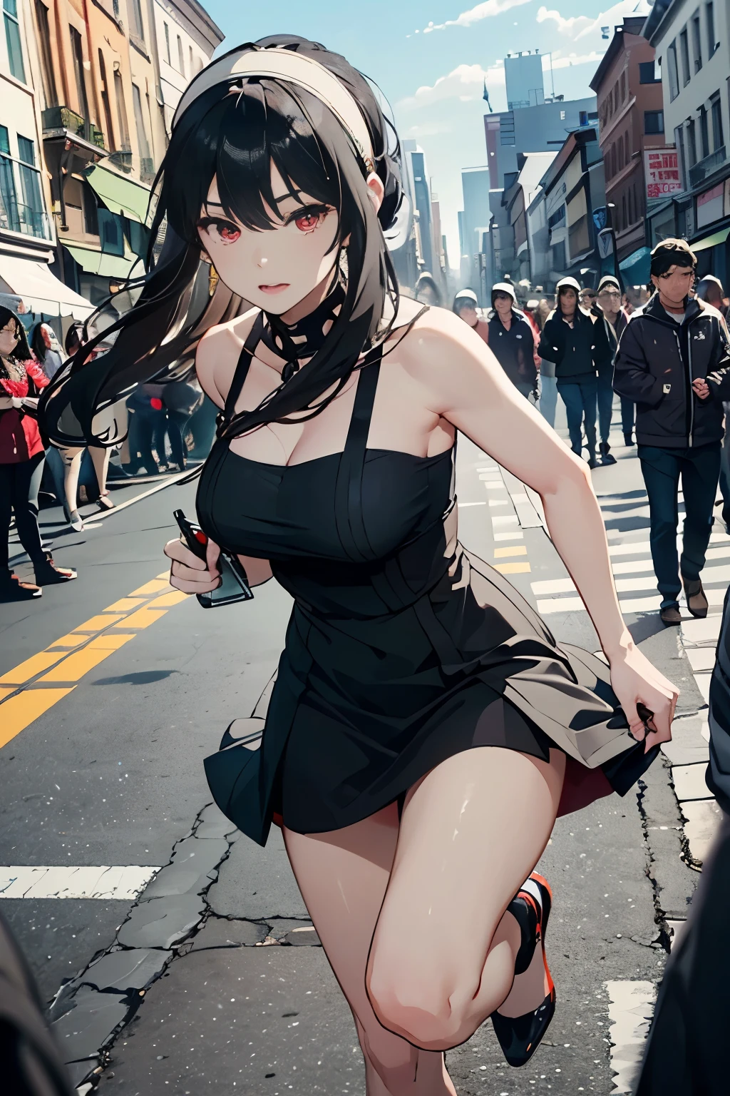 masterpiece、highest quality、High resolution、1 girl、(alone)、red eyes、beautiful long hair、tie hair neatly、slender、thin legs、(In town、bustling street、city、outdoor、A large audience is watching in the background)、Detailed facial depiction、(aayorf、hair band、jet black hair)、((black dress、white panties、Panty shot))、((Lots of spectators in the background、crowd on background、the crowd is looking at you))、attacking with a kick、Shooting from a low position、Dancing with one knee up