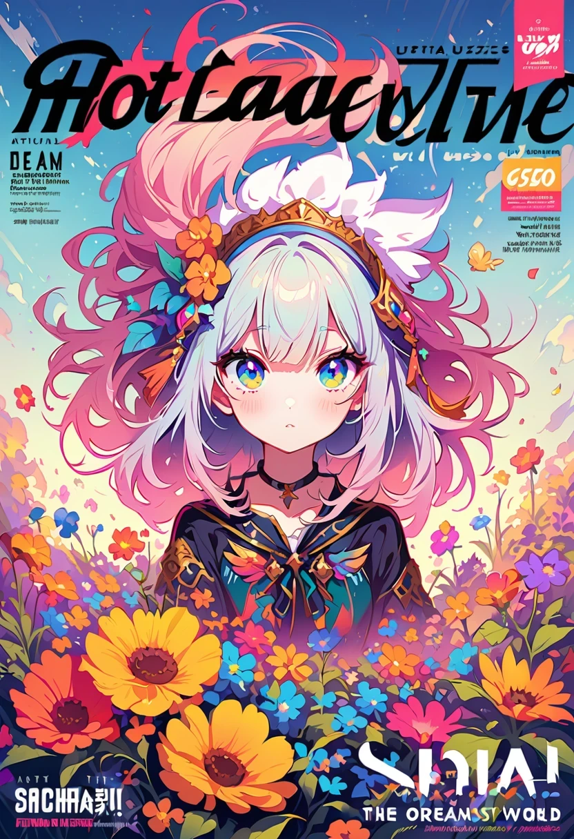 (magazine cover:1.3),ulzzang-6500, (actual: 1.3) (original: 1.2), Beautiful fantasy world with flowers, Dream, surreal, Artstation Hot Topics,Stylish font design, structured, The title is eye-catching