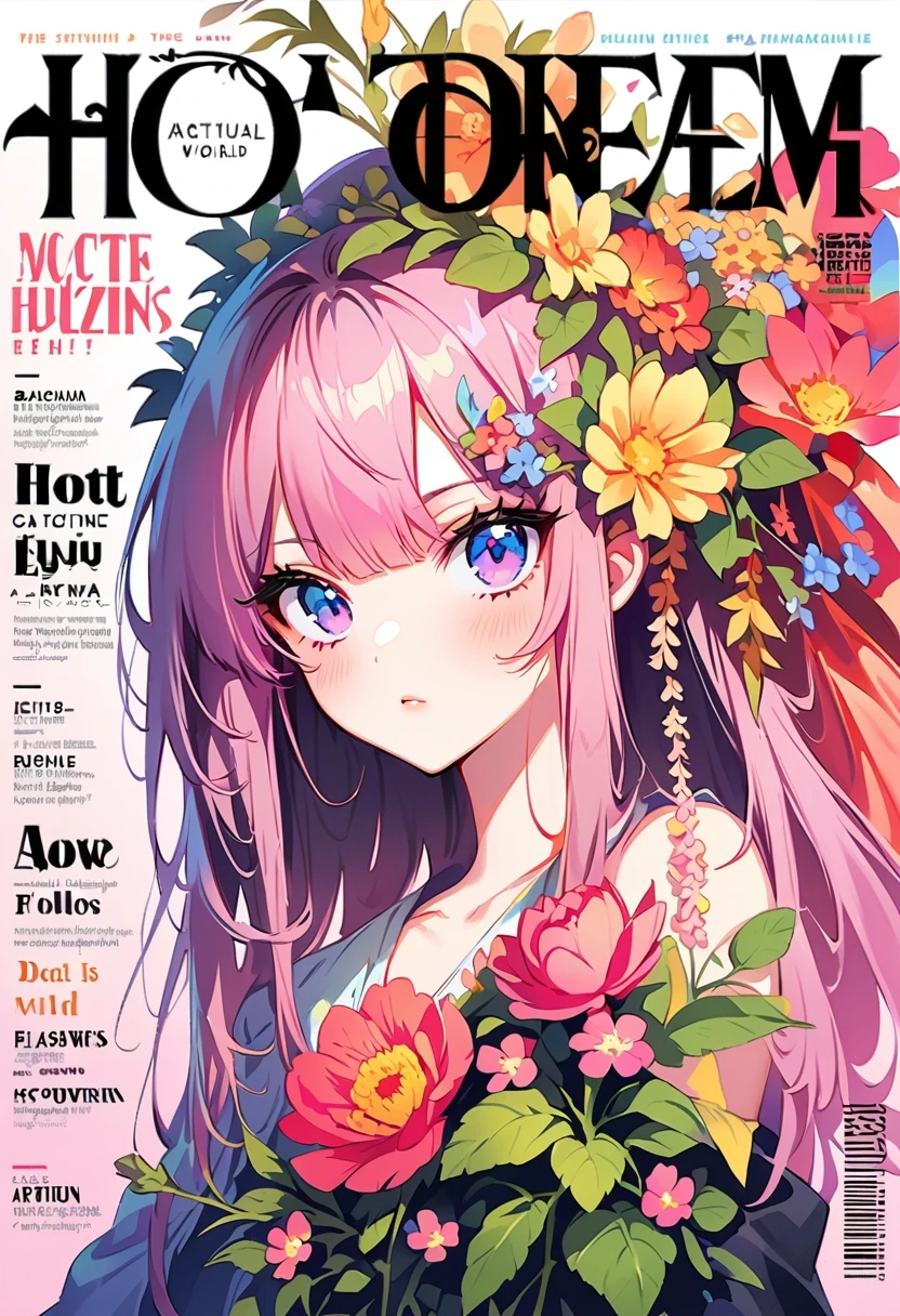 (magazine cover:1.3),ulzzang-6500, (actual: 1.3) (original: 1.2), Beautiful fantasy world with flowers, Dream, surreal, Artstation Hot Topics,Stylish font design, structured, The title is eye-catching