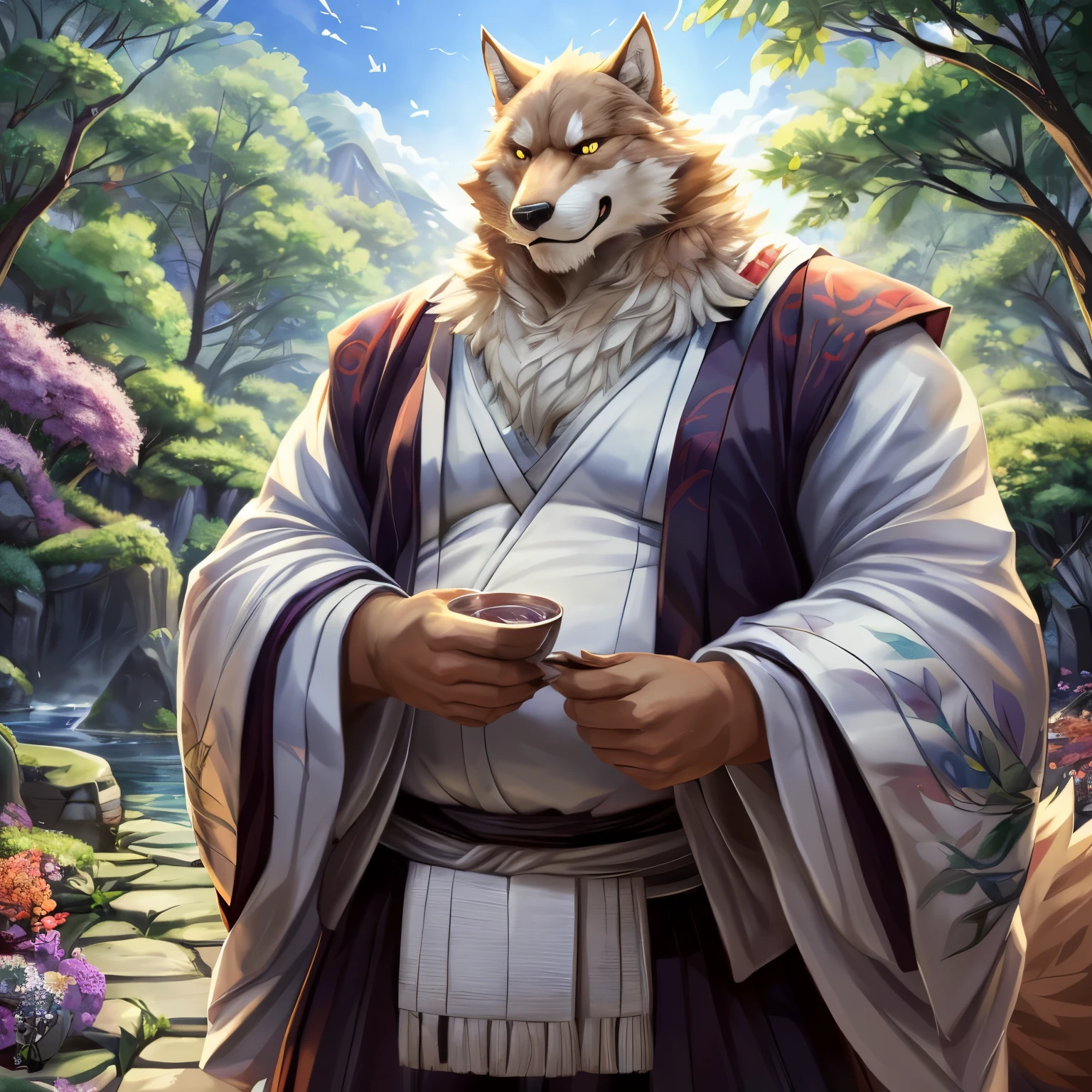 male, fluffy, Big Wolf, Beautiful, majestic wolf,, Komamura Sajin, Bleach, more, wider,Face, Yellow eyes, (detailed wolf eyes:1.2) Thick eyebrows, mysterious smile, antro, A high resolution, (detailed realistic image:1.3), (detailed eyes, beautiful expressive eyes:1), Impressionist mixture, crazy details, soft, (hyper realistic fur:1.2), (detailed fur:1.lift the covered body:1.2), (male:1), (выразительное Face, детальное Face:1) ((( first person side ))), (((full body view))) cream fur, white beard, overweight male, White belly, corpulent body, huge body, massive gut, dynamic angle, Muscular intestine, big male, mature male, breast clusters, legs, fingers ног, fingers,( patterned open shirt, patterned shorts, Sajin rubs his stomach, Sajin plays with his belly) mystikfox61, by DarkGem, from Glitter Trap Boy, от bebebebebe, from zero ghost, by morethreedee, by Seibear, ), muffled light: 1.2) masterpiece, Best quality, ultra realistic ( 8 k, UHD, Gorgeous light and shadows, Detailed face image, top quality, masterpiece, ultra-high detail, official art, very detailed, utra detailed fur, maximum focus, depth of field, perfect lighting, easy, highest quality, ultra detailed body, cinematic, sharp focus, Correct anatomy, right hands, right hands, correct head, detailed background, (Sajin walks among nature, garden with flowers and a errors and butterflys over it, japanese anime rural landscape, Drawn by Anime Painter, beautiful anime scene, anime background art, beautiful anime scenery, anime beautiful world scene, made in an anime artist&#39;s studio, Japanese anime landscapes, japanese anime nature, floral environment, The art of scenery in detail, digital painting with high detail, decorations, anime landscape, highly detailed digital painting, cozy day, To drink tea, errors )