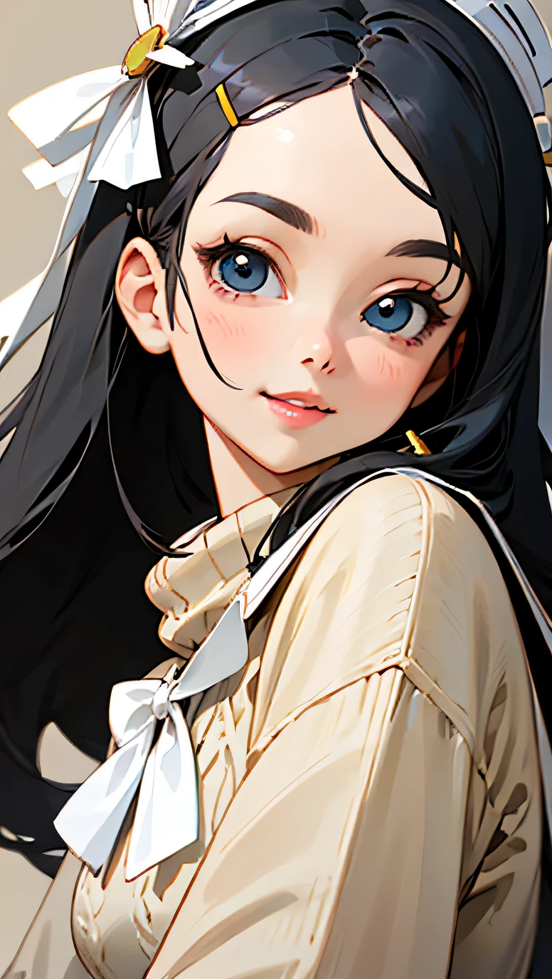 anime girl，Long black and gray hair，Center parted bangs，Wearing a white bow hairpin on the left head，pursed lips smile，cute girl，big eyes，Oval face，Beige sweater，broken to pieces