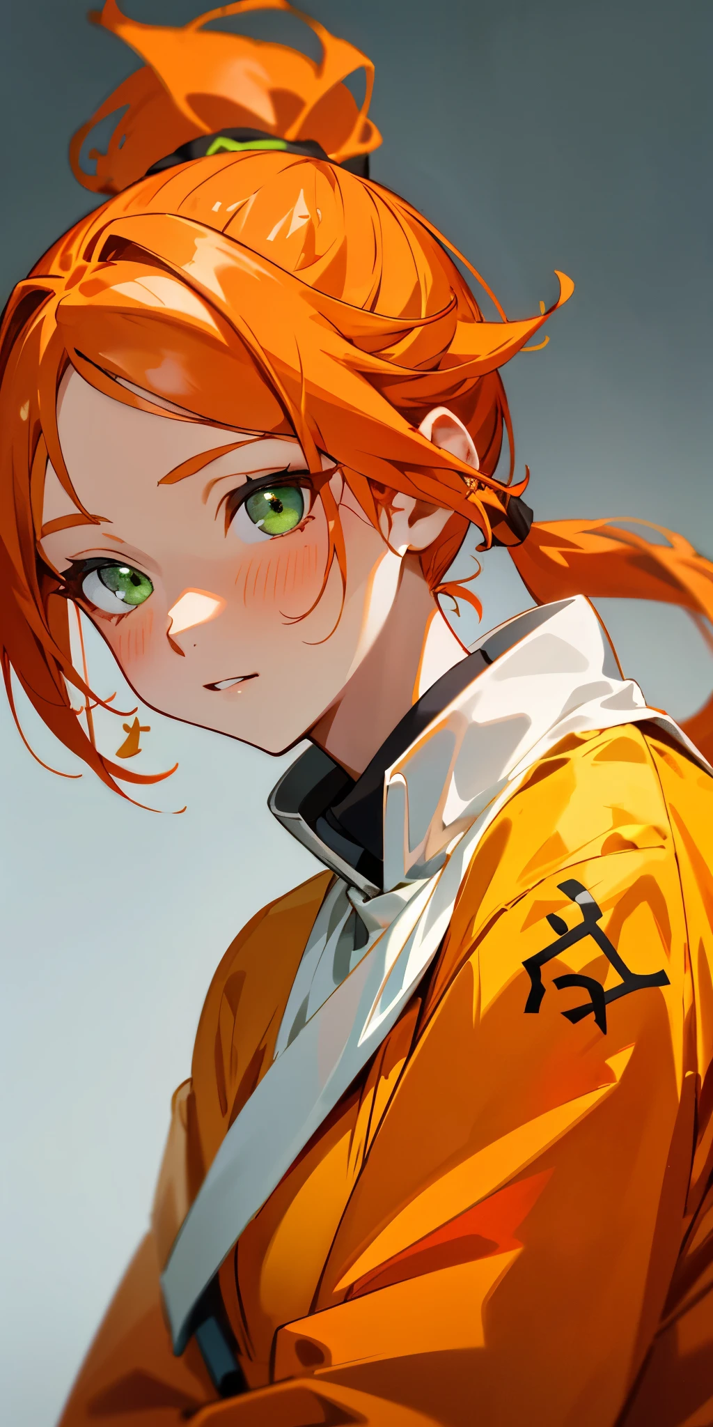 1 girl、one person、orange clothes、orange hair、ponytail、beautiful green eyes、strong pleasure on the face、From the side、white uniform with golden decorations、upper body close-up