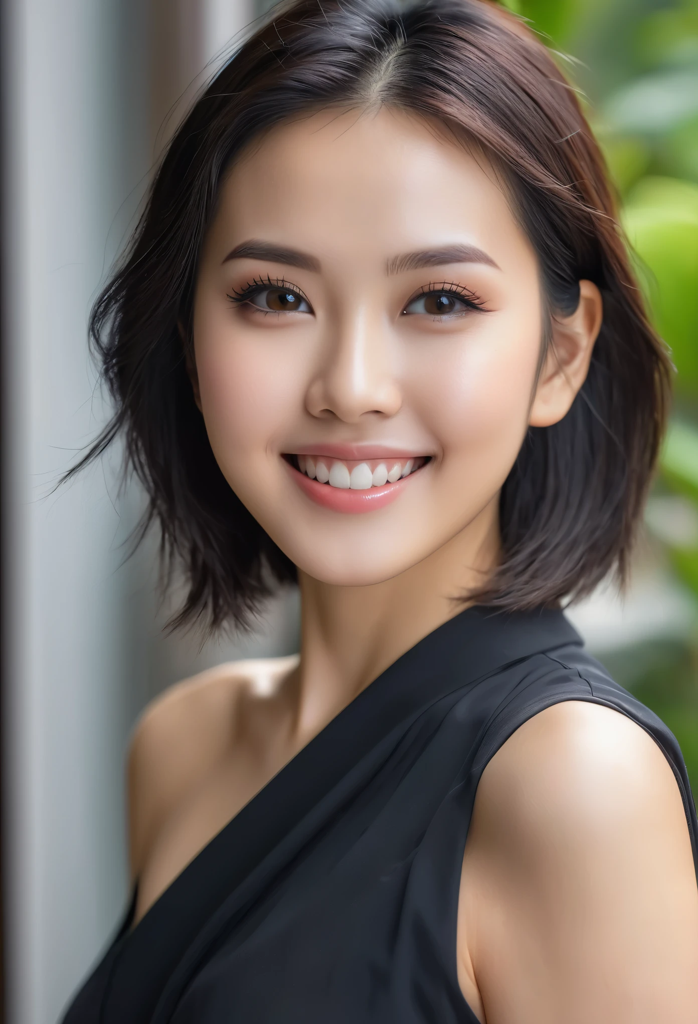 A woman in a black dress smiling and posing for a picture - SeaArt AI