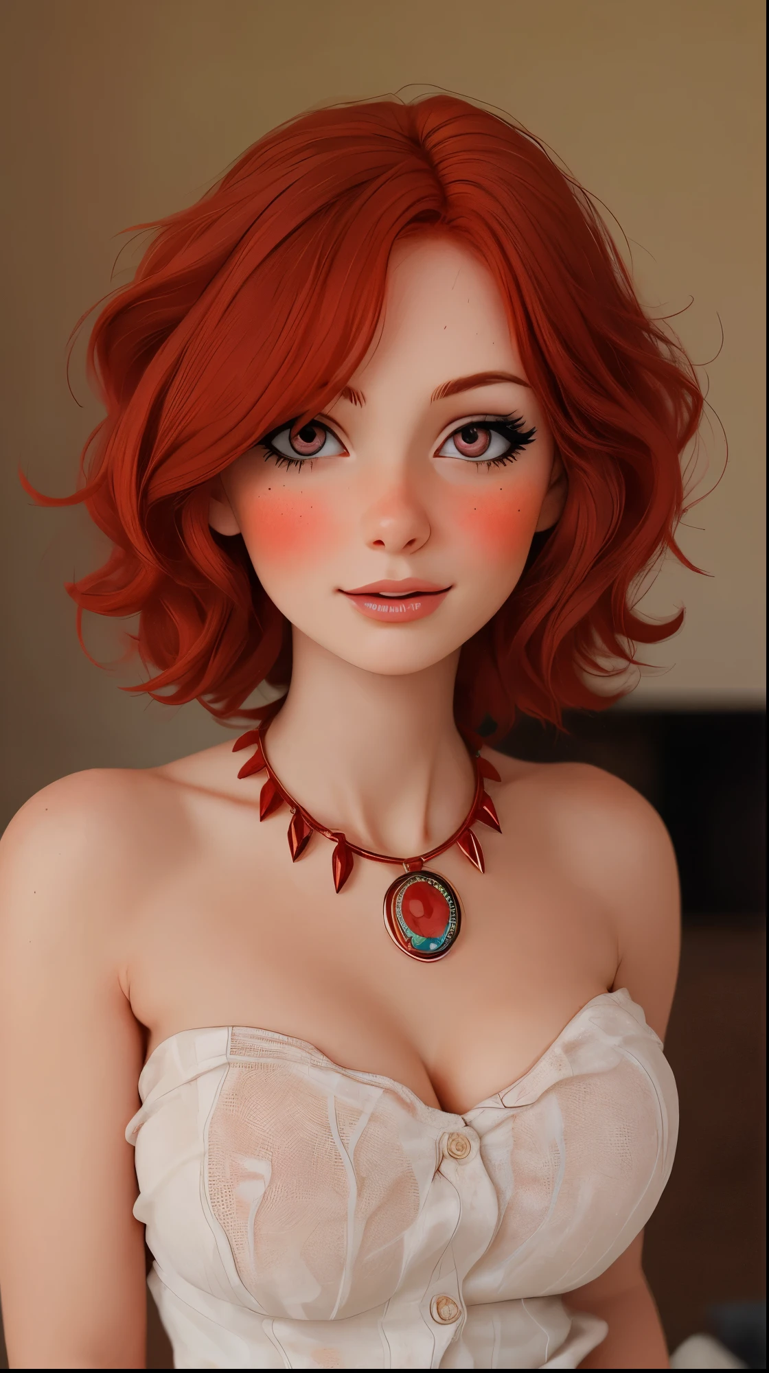 红头发的阿拉菲德女人, 裸露上身, 合影, 短红发, 带戒指的项链, 中等乳房, 脸红, 细致的眼睛和脸部, 瘦骨嶙峋的