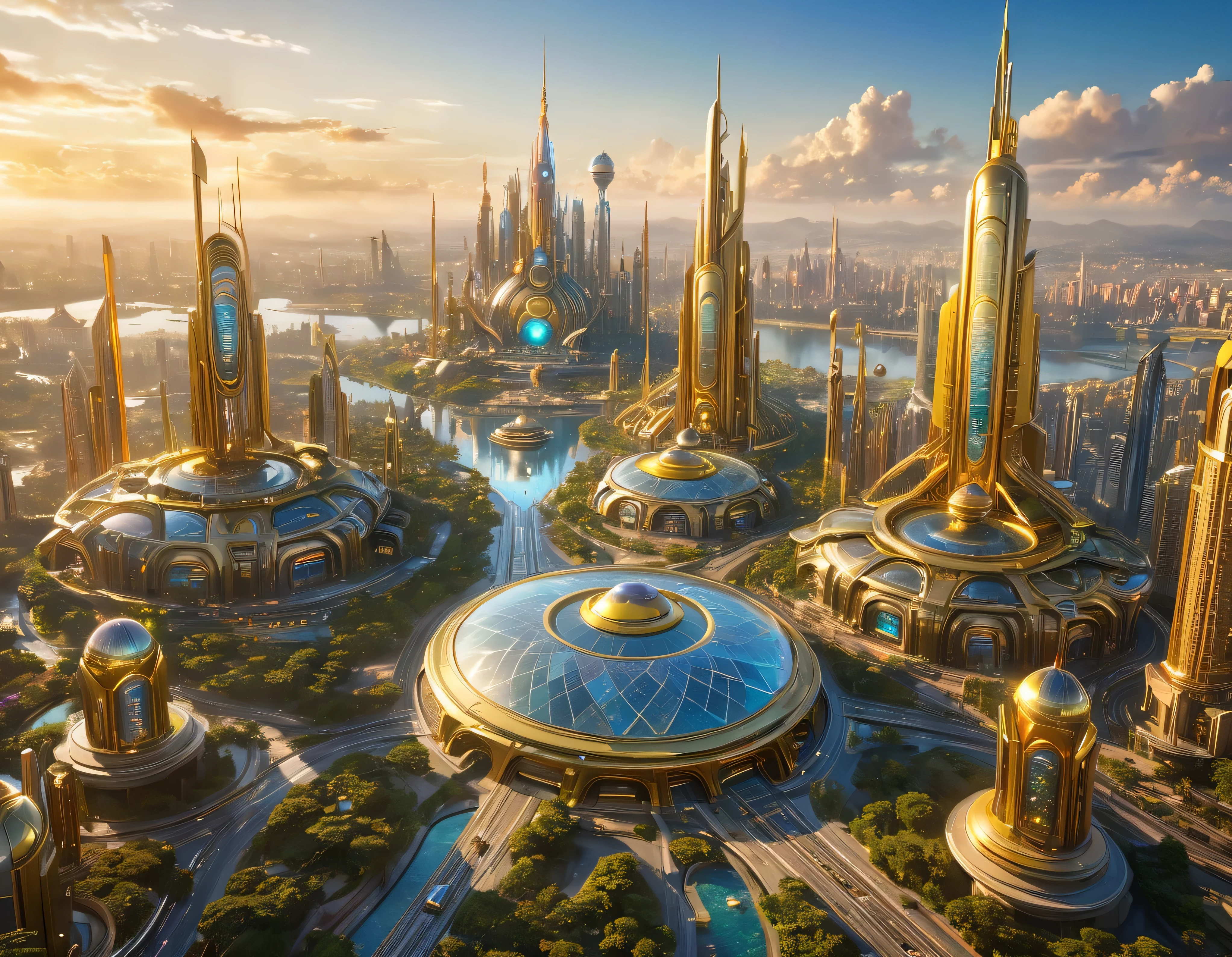 (Beleuchtung zur goldenen Stunde), Megacity, Megalopolis einer imaginären Science-Fiction-Welt , ähnlich einem futuristischen Disneyland, und maximale Fantasie, mit riesigen Gebäuden und ovalen und zwölfeckigen Wolkenkratzern, die aus Metall und Glas gruppiert sind und in denen goldene und farbenfrohe Leuchtreklamen vorherrschen.. Gut definiertes 8K-Bild, (komplizierte Details der Maschine), mit vielen Gebäuden zusammen.(Meisterwerk von höchster Qualität).(fotorealistisches Bild), absolute Schärfe bis in den Hintergrund