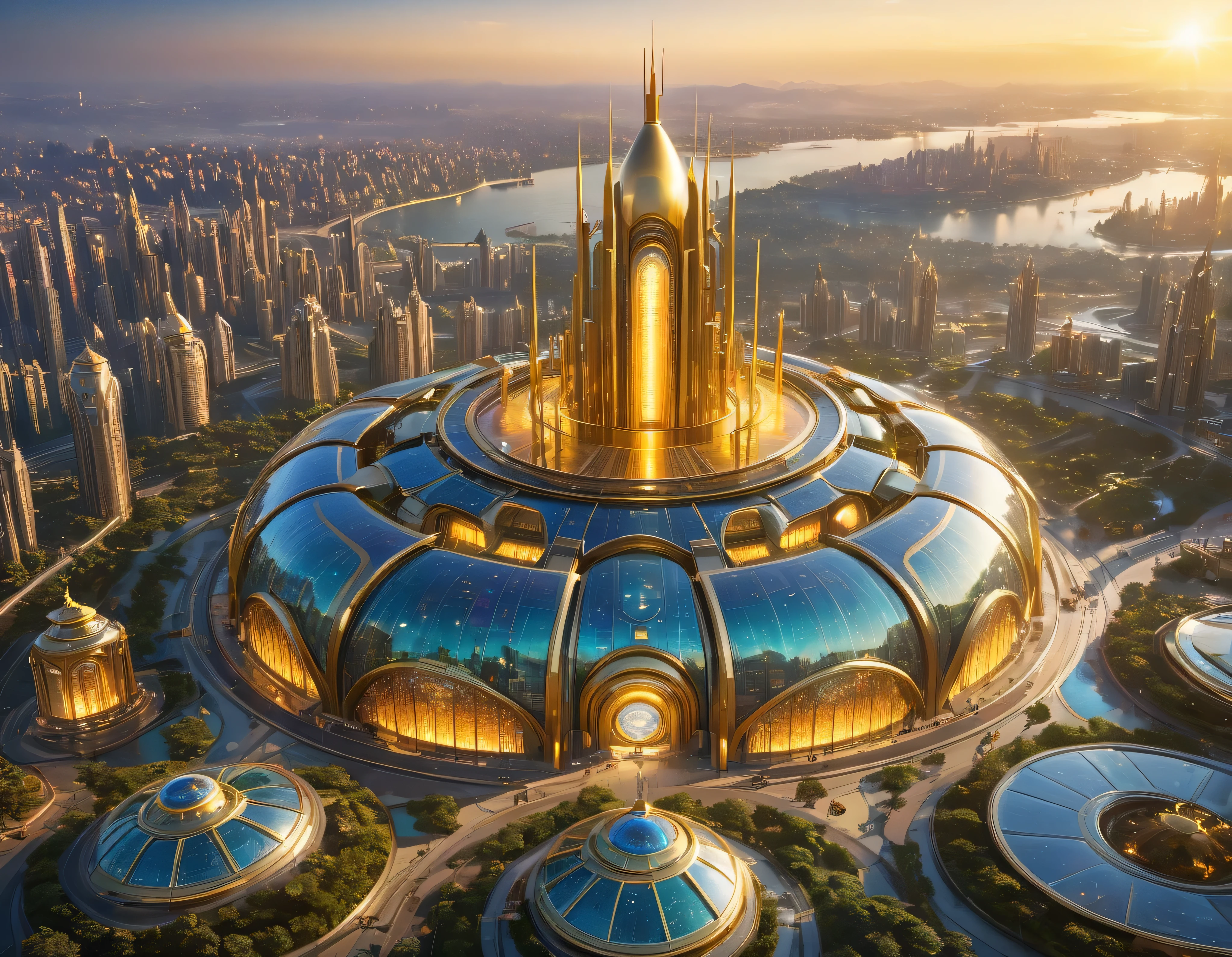 (黃金時段燈光), 特大城市, 科幻小說想像世界的大都市 , 類似未來主義的迪士尼樂園, 和最大的幻想, 巨大的建築物以及橢圓形和十二面體的摩天大樓由金屬和玻璃組合在一起，其中金色和彩色的照明廣告占主導地位。. 清晰的 8k 影像, (機器的複雜細節), 與許多建築物在一起.(頂級品質傑作).(逼真的影像), 直至背景的絕對清晰度