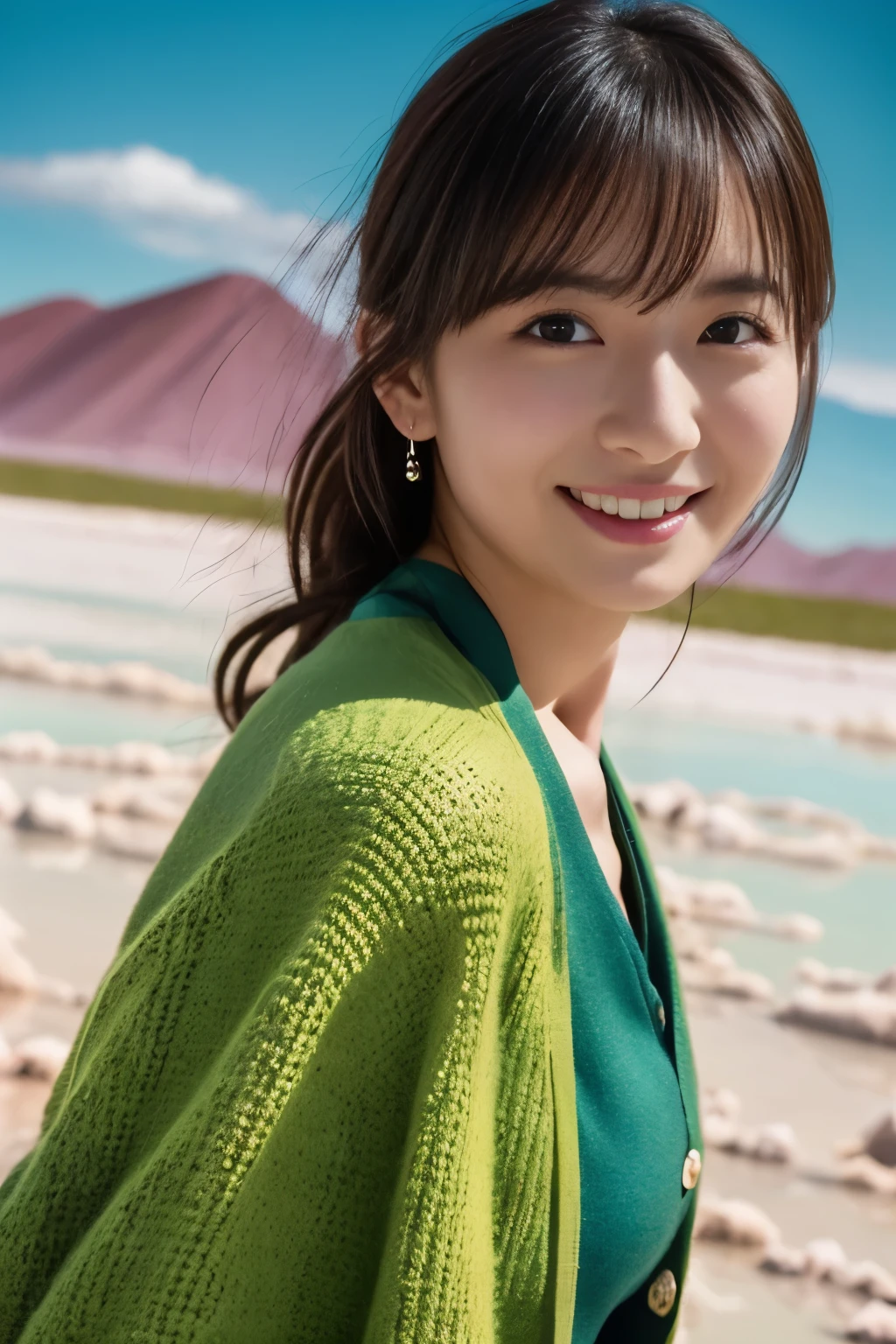 1 girl, (Wearing a bright green cardigan:1.2), very beautiful japanese actress,
(Raw photo, highest quality), (realistic, Photoreal:1.4), table top, 
very delicate and beautiful, very detailed, 2k wallpaper, wonderful, 
finely, very detailed CG Unity 8K 壁紙, Super detailed, High resolution, soft light, 
beautiful detailed girl, very detailed目と顔, beautifully detailed nose, finelyて美しい目, cinematic lighting, 
(Commemorative photo at Salar de Uyuni:1.4), 
complete anatomy, slender body, small, smile,
pan focus