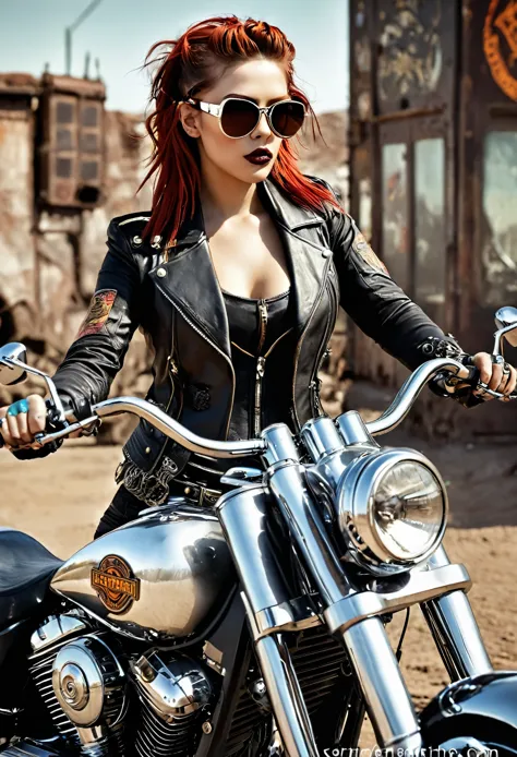 ambiente steampunk, dramatic art, estilo de arte dieselpunk, apocalyptic road warrior vibe, a girl wearing beautiful mirrored su...