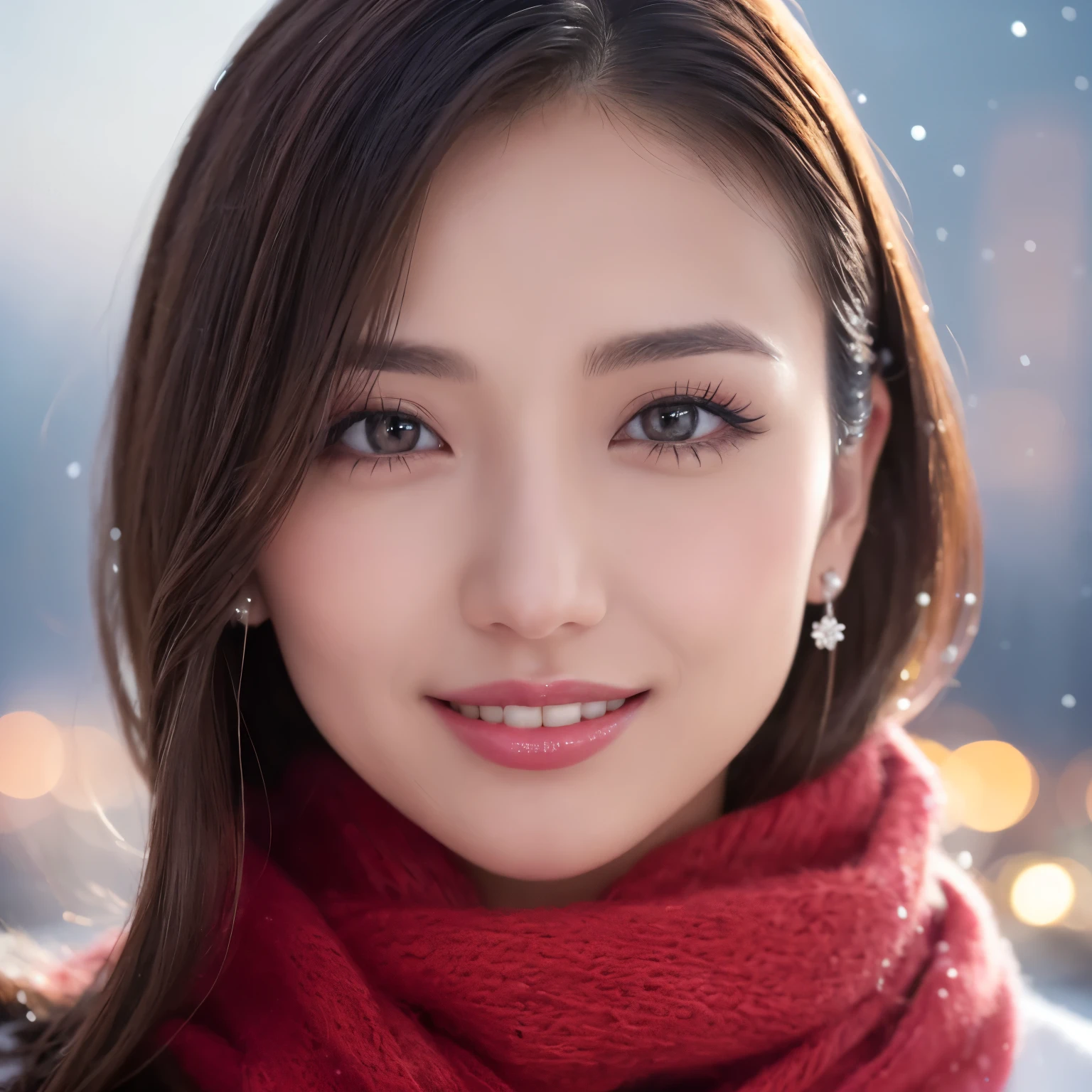 ((highest quality、table top、8K、best image quality、Award-winning work))、one beautiful woman、smile looking at me、(close up of face:1.6)、(The perfect and most natural red long scarf:1.2)、(elegant thick white coat:1.1)、epic movie lighting、(romantic love feelings:1.1)、(The most romantic and moody atmosphere:1.1)、winter city、Snowy landscape in the city、(The snow in the air sparkles finely:1.1)、(It&#39;s snowing heavily:1.1)、(Tyndall effect:1.1)、(Night view of the city with snow falling:1.2)、Shining beautiful skin、(accurate anatomy:1.1)、Ultra high definition beauty face、long eyelashes、natural makeup、ultra high definition hair、Ultra high definition eyes、(Shining beautiful skin with ultra-high resolution:1.1)、Super high resolution glossy lips、radiant beautiful skin