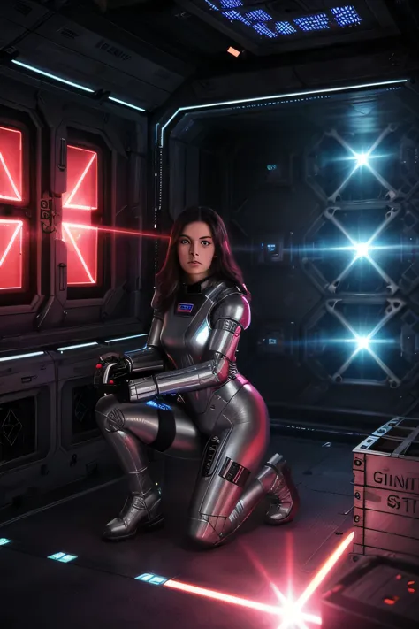 burnette female in silver space suit crouching behind a futuristic crate in a space station. she is holding a laser gun waiting ...