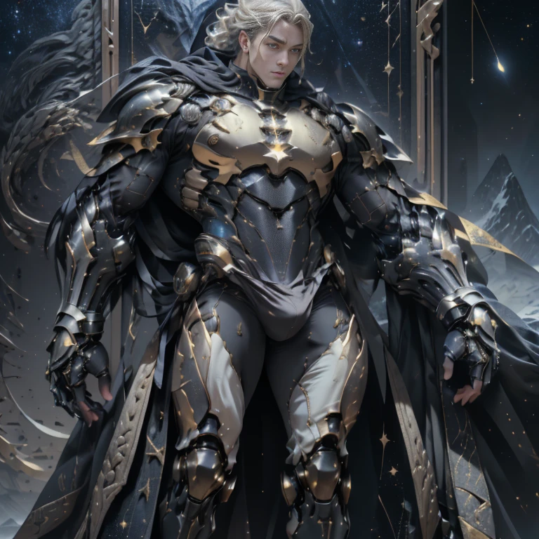 MALE BOY. Use plate armor, intricate design and details, dramatic ligths, Ultra-realistic realism, Kinematic，8k. A handsome muscular young man, (1 man) perfectly proportioned slim body, with luminous golden hair and golden eyes resembling stars, standing at a height of 2 meters. He wears an armor made of unrefined black crystals that seem to contain a galaxy inside, fitting the body of him. He adopts a heroic pose, Look down from the top of a mountain with a serene gaze, while watching an army of demons on the slopes of the mountain. Kinematic, luci, Detailed face. (((Male))) (Muscular male) (Handsome man)  , full length shot , big hips  ,  big thighs , big bulge