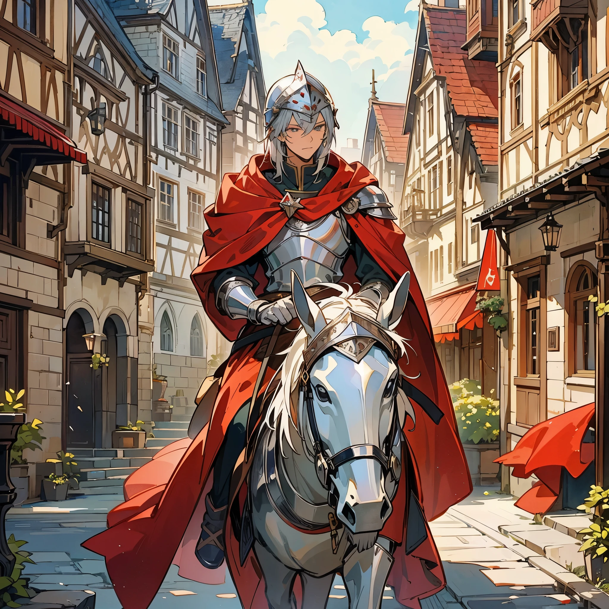 A handsome teenager，European medieval knight costumes，wearing a helmet，Wearing silver armor，Shield in left hand，Sword in right hand，There is a red cloak on the back，Riding a horse through the streets of a Western European town。Medium shot composition，full body picture，characters and scenes，Anime illustration style，watercolor style，high-definition，4k。